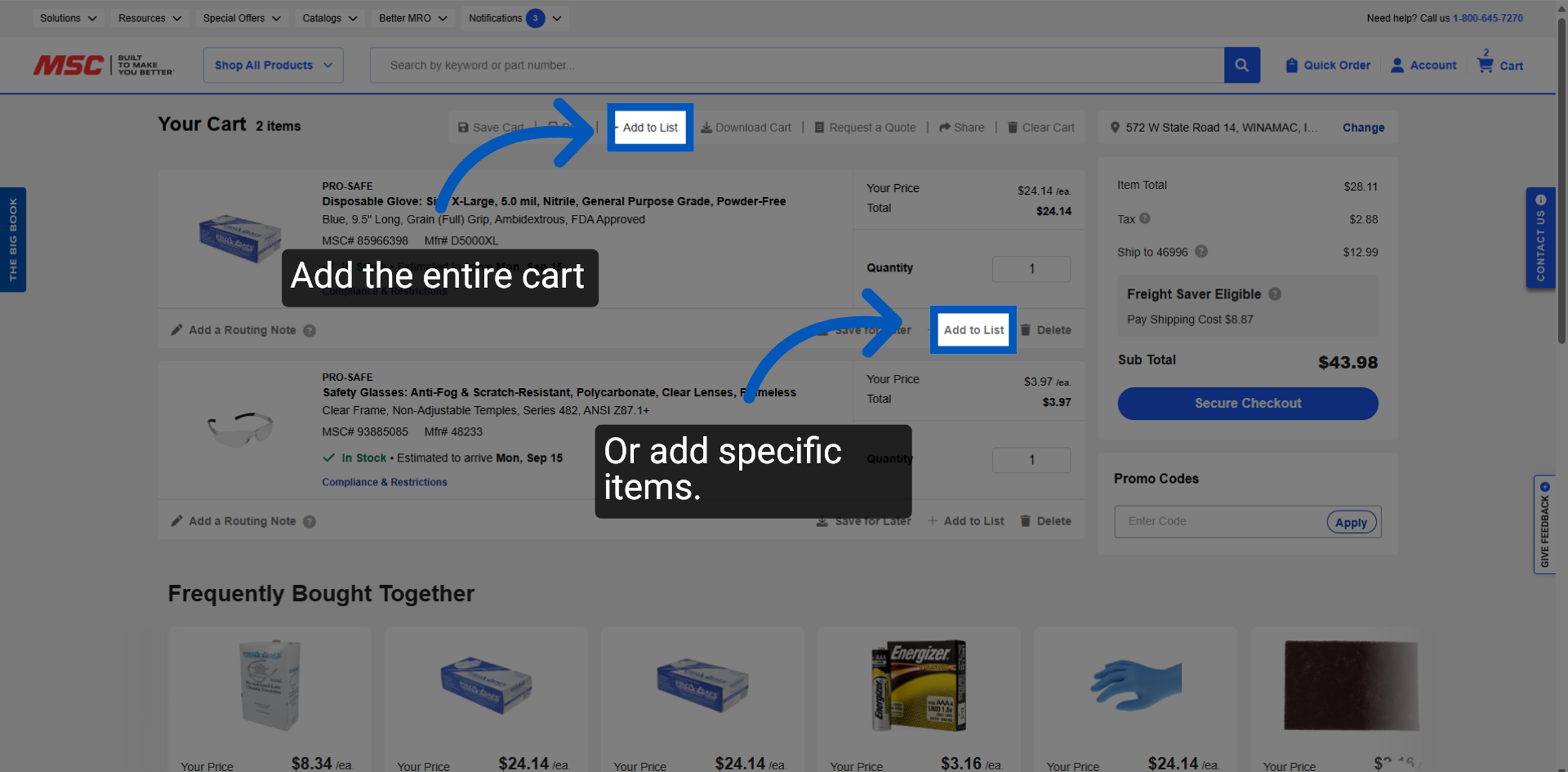 Shopping cart page showing options to add the entire cart or individual items to a list, highlighted with arrows.