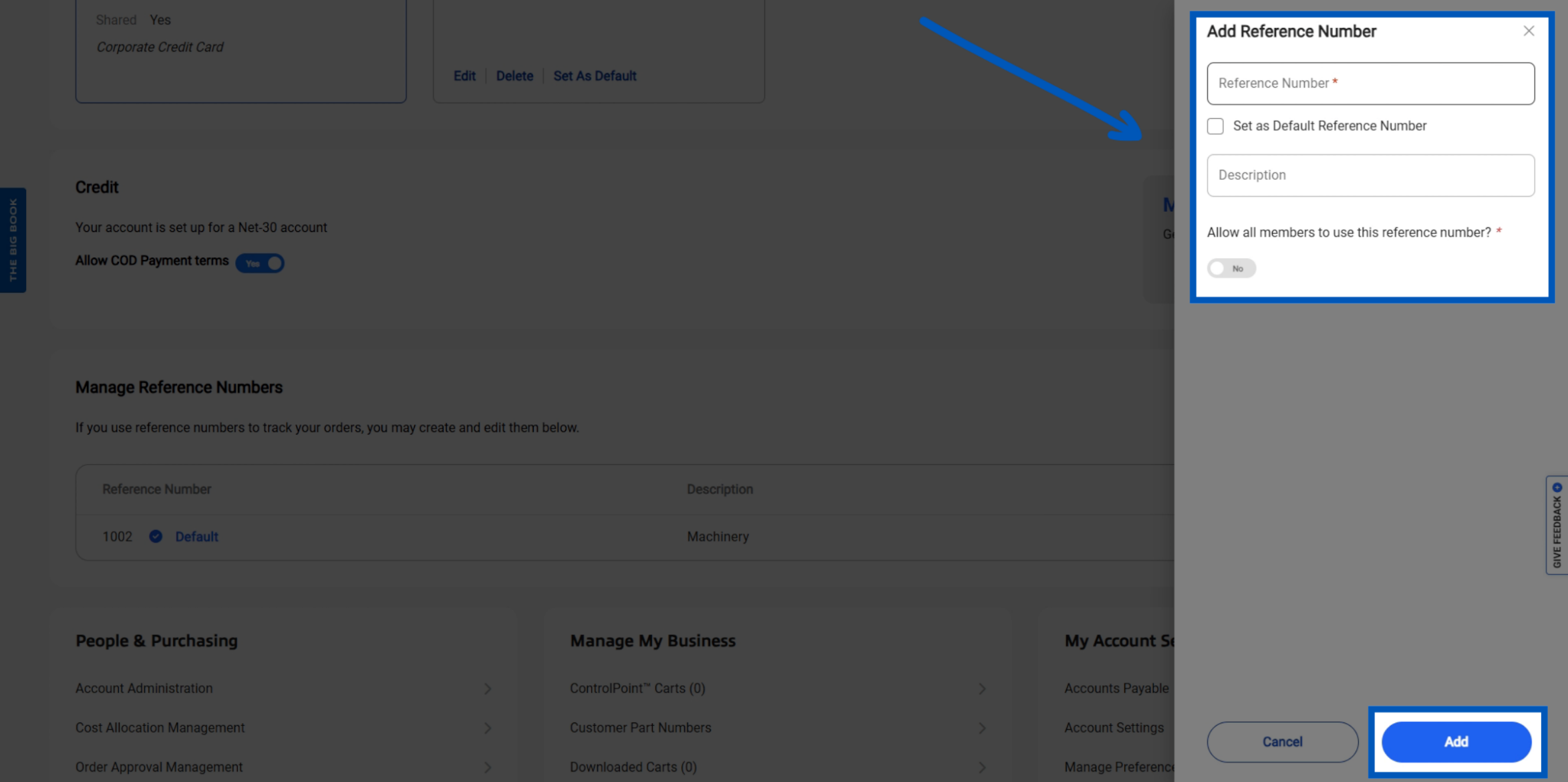 Screenshot of Add New Reference Number side panel open, showing form fields to enter reference number, an option to set as the default reference number and also the option to share it with other users toggle button.
