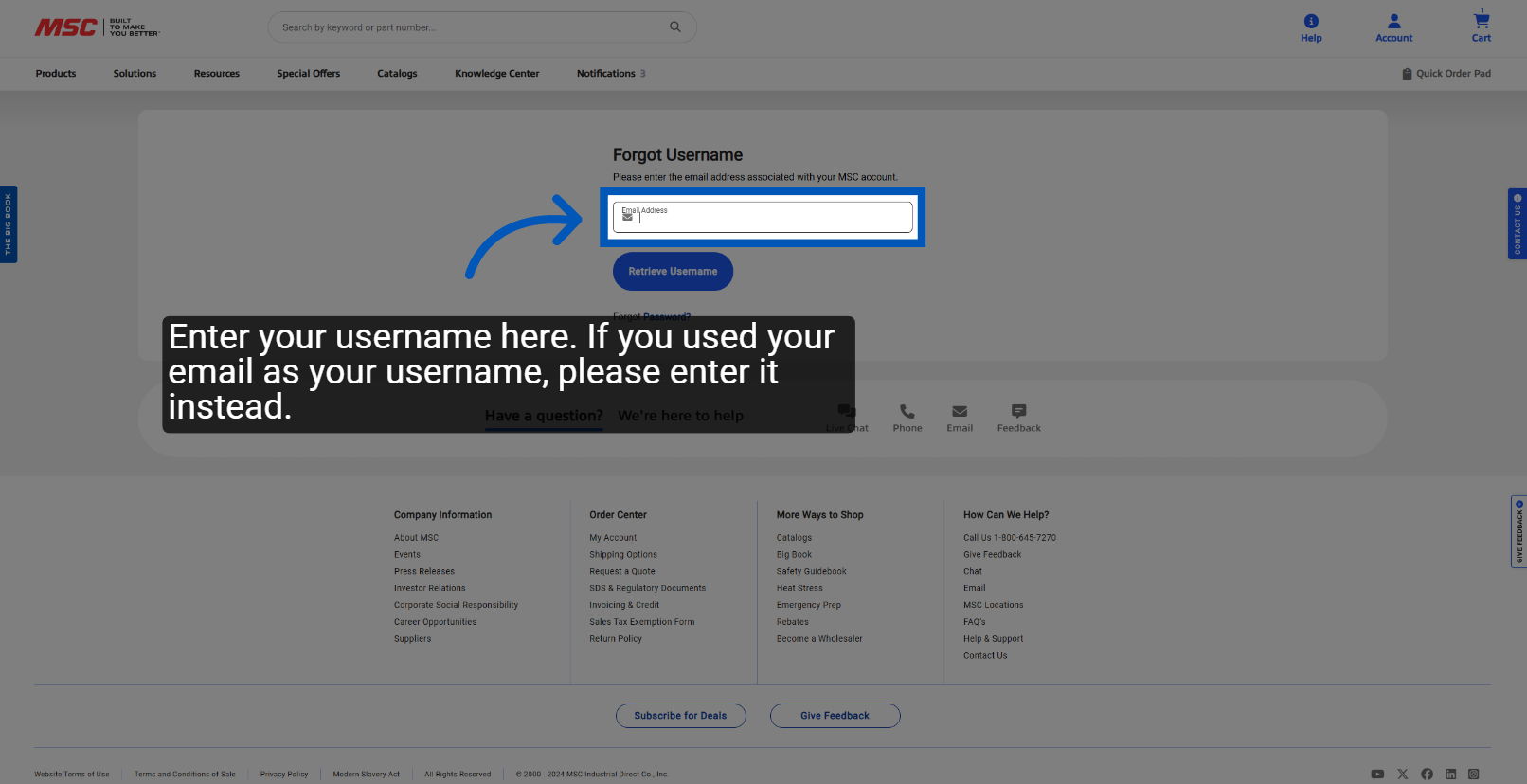 Username retrieval form with email input field and blue arrow pointing to text box on MSC Industrial Direct website