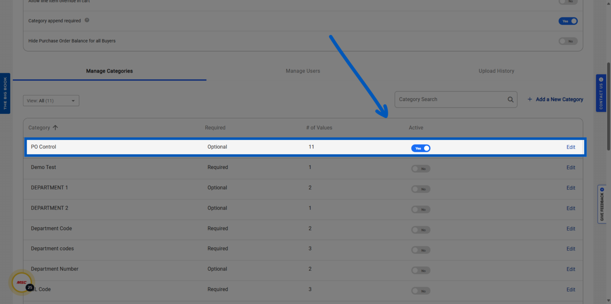 Blue arrow pointing to PO Control category row in a data table with toggle switch set to Yes and Edit option visible.
