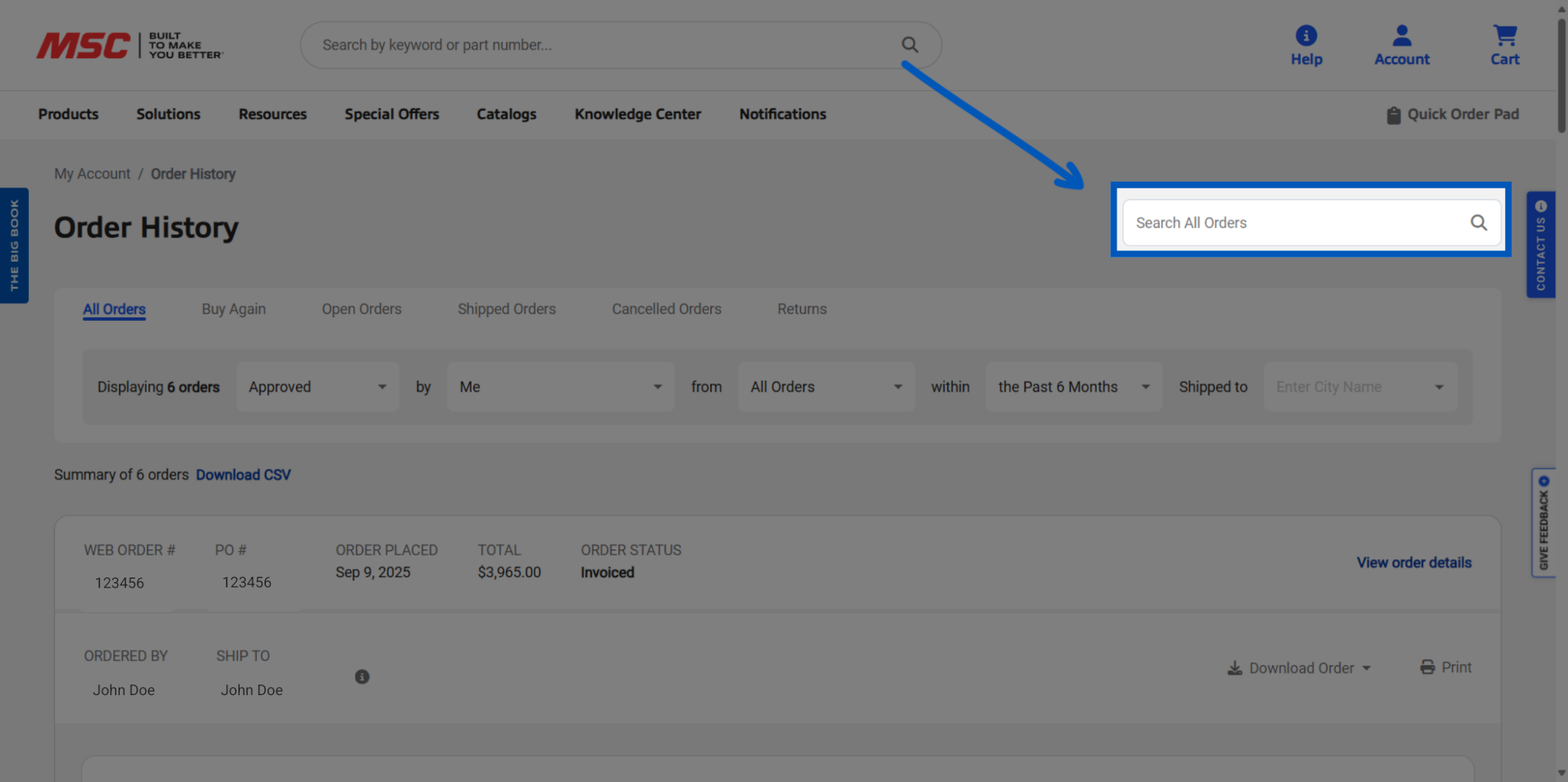 Order History page with an arrow pointing to Search All Orders 