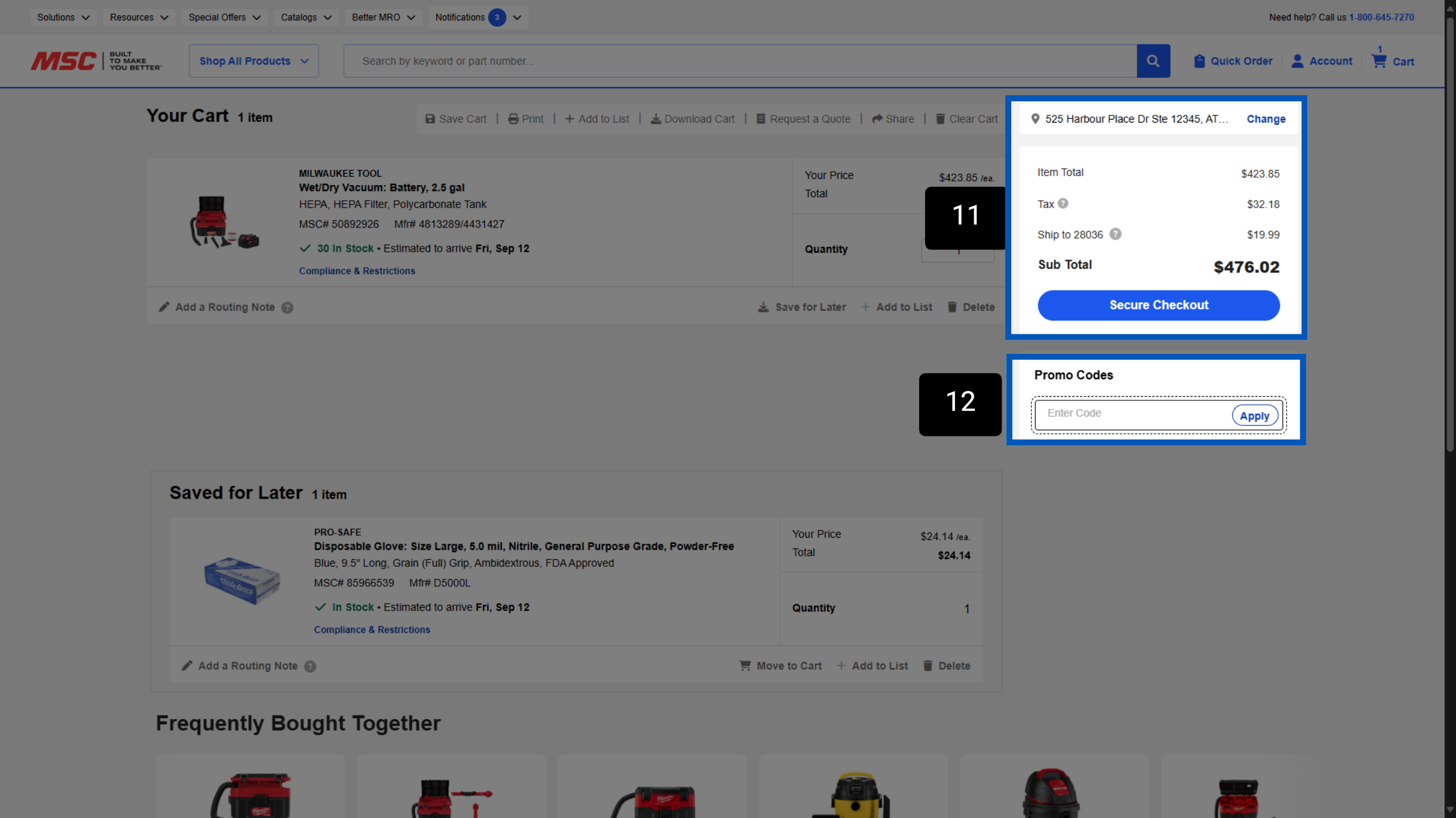 MSC Industrial Direct shopping cart page showing order summary with item total, tax, shipping, and secure checkout button.