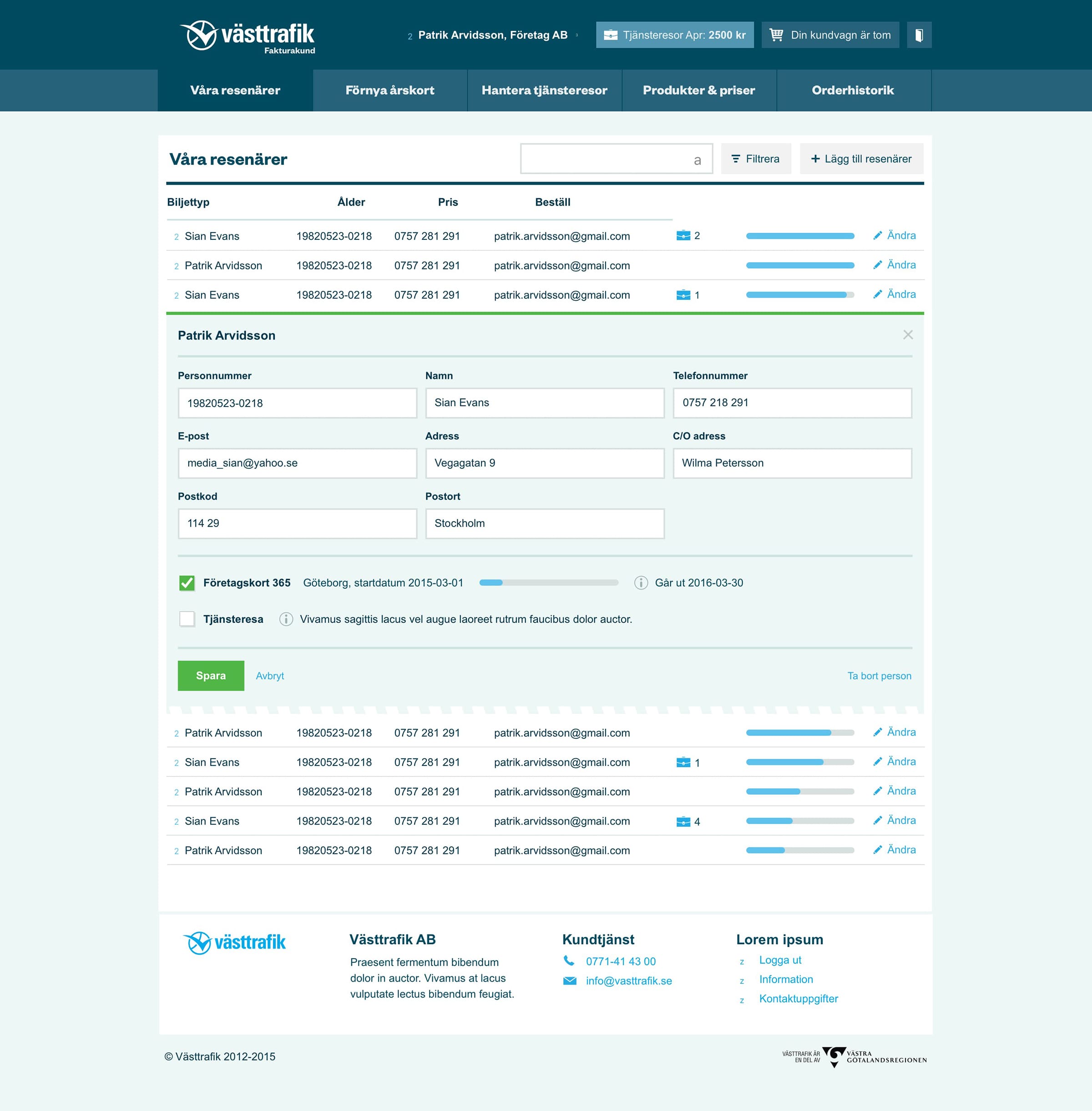 Västtrafik Portal traveller edit