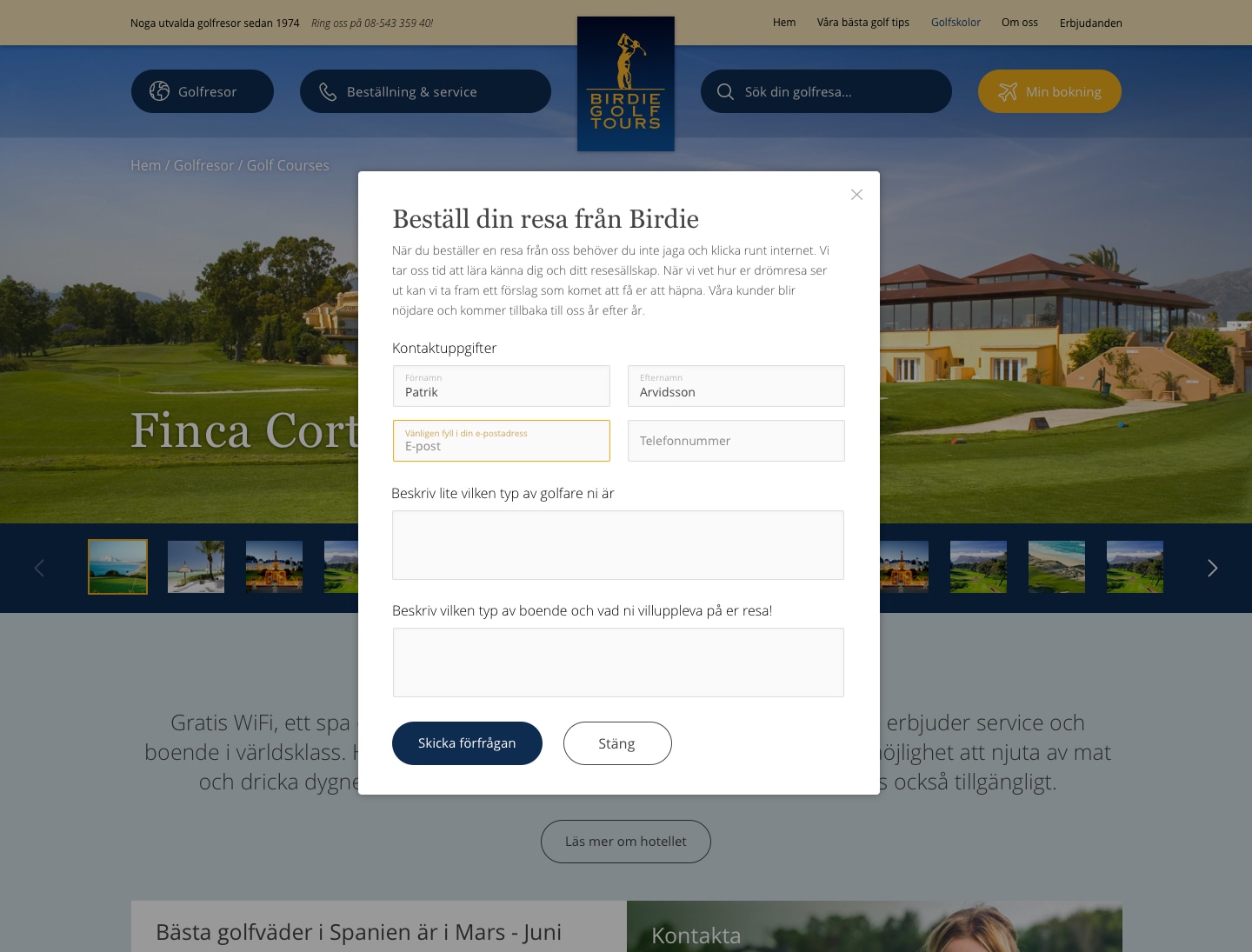 Birdie booking modal