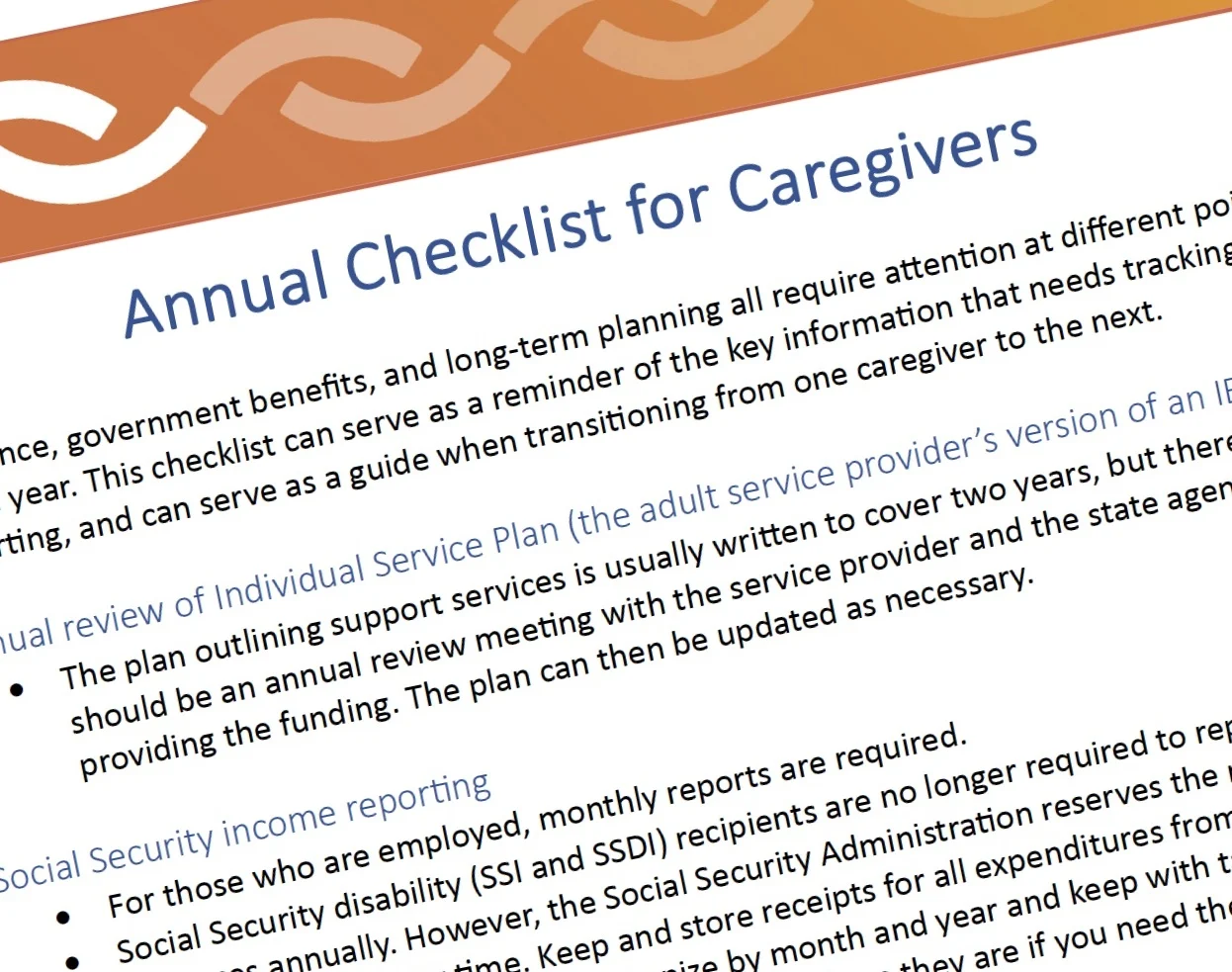 Screen shot of a document called Annual Checklist for Caregivers