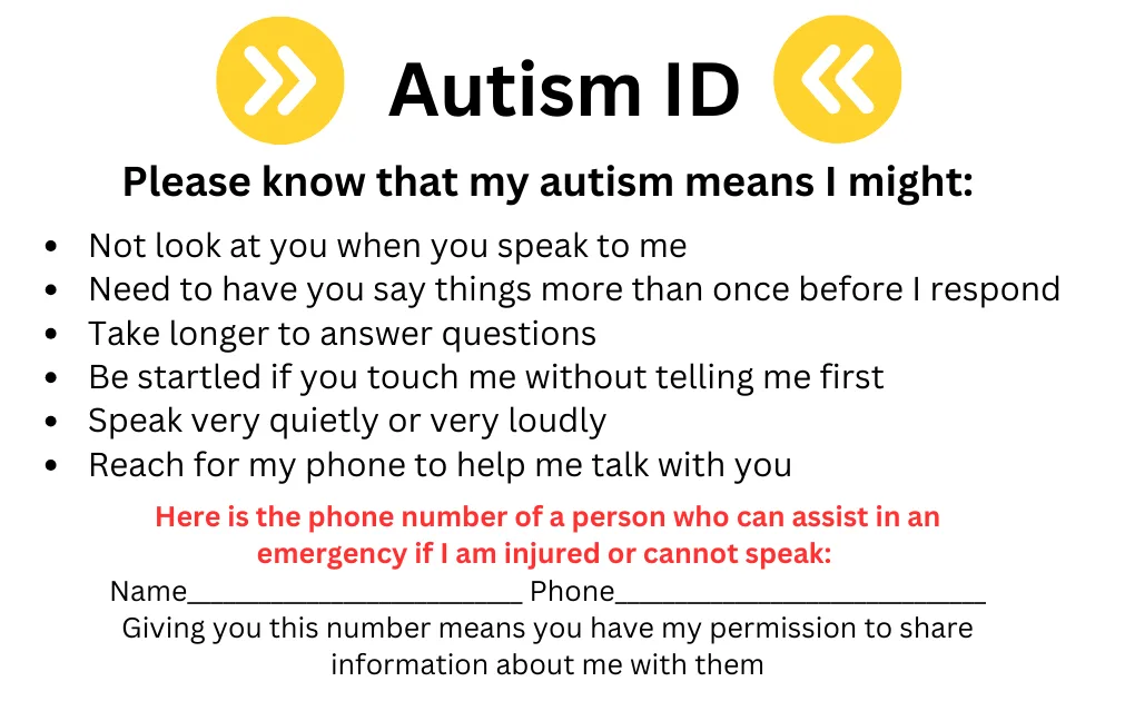 A sample identification card that outlines what strategies autstic people can use to communicate in an emergency