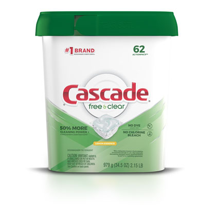 Cascade Free & Clear lemon scent dishwasher pod 62 pack container