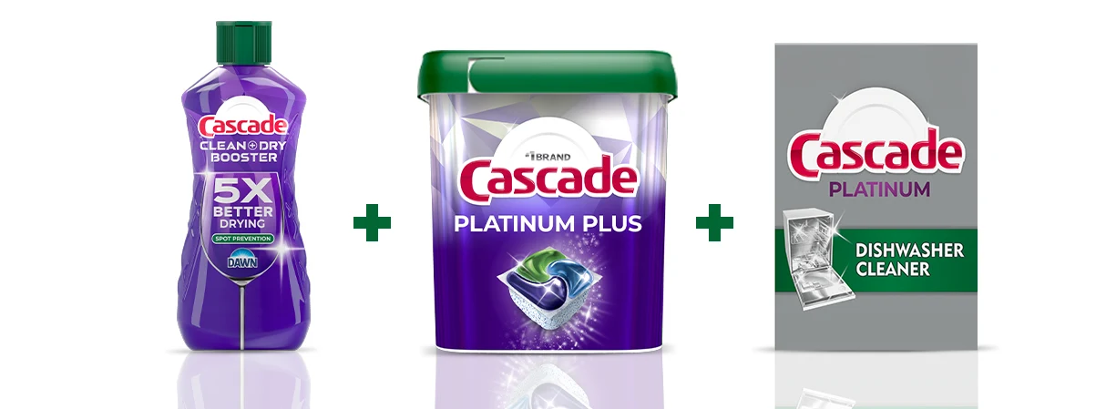 Cascade Power Dry Rinse Agent, dishwashing pods, and dishwasher cleaner