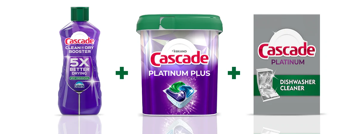 Cascade Power Dry Rinse Agent, dishwashing pods, and dishwasher cleaner