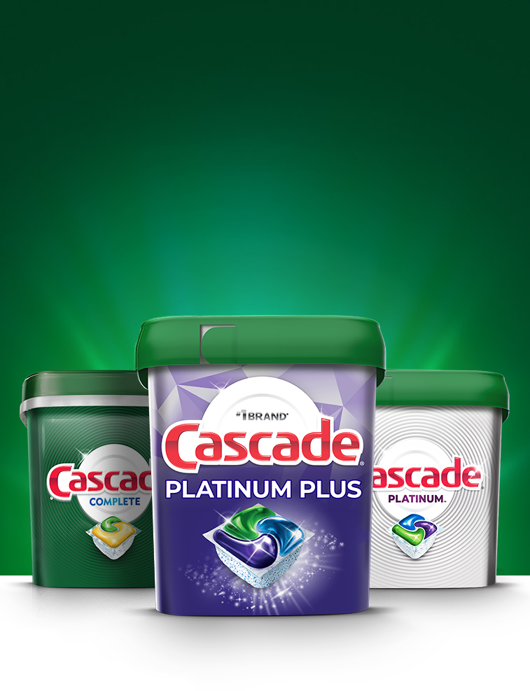 Cascade Complete, Platinum, and Original dishwasher packs