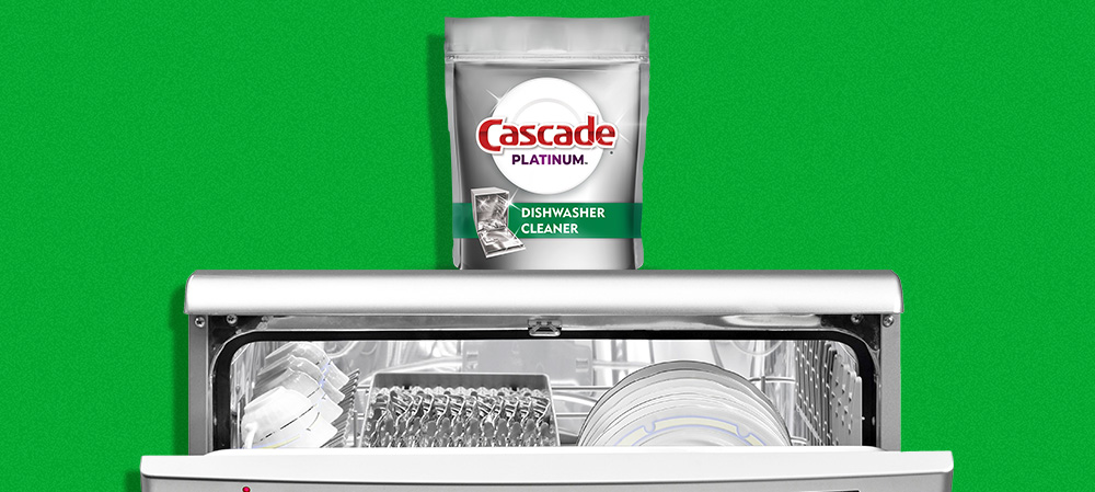 Cascade Dishwasher Cleaner with sparkling clean open dishwasher
