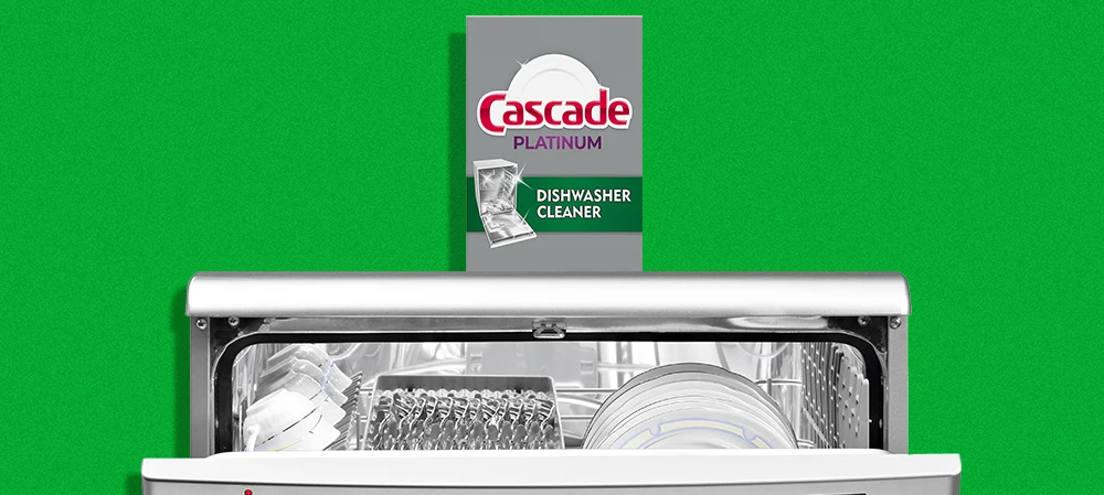 Cascade Dishwasher Cleaner with sparkling clean open dishwasher