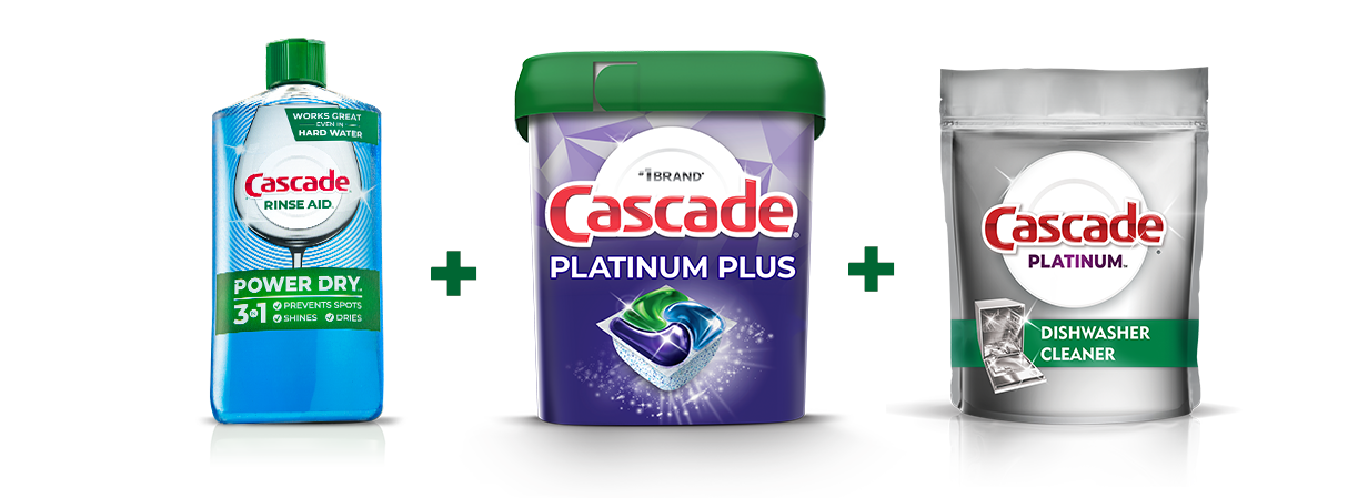 Cascade Power Dry Rinse Agent, dishwashing pods, and dishwasher cleaner