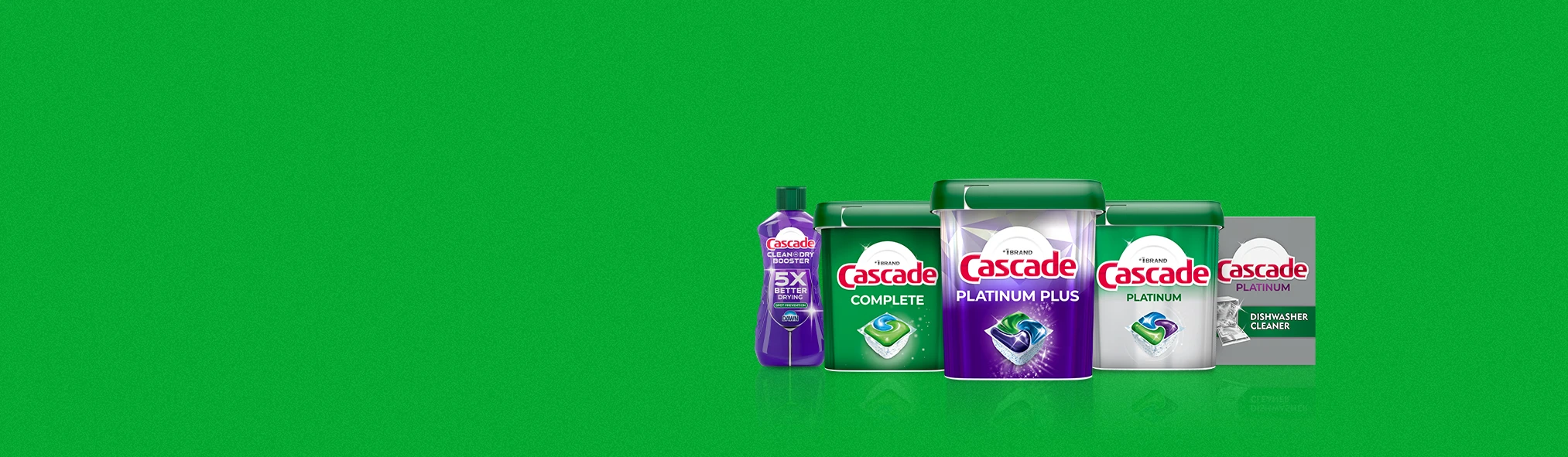 Cascade dishwashing pods, powder and gel detergent horizontal banner
