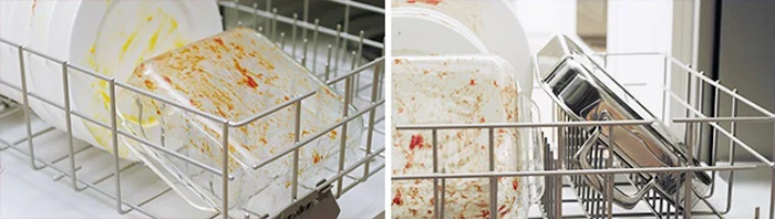 Dirty glassware and stainless steel cooking ware in bottom rack of dishwasher