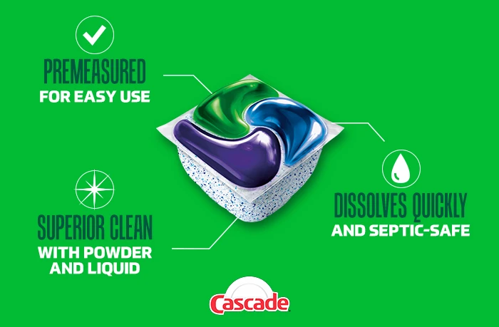 Cascade laundry pods showcasing key benefits like easy use, quick dissolving, and environmental safety