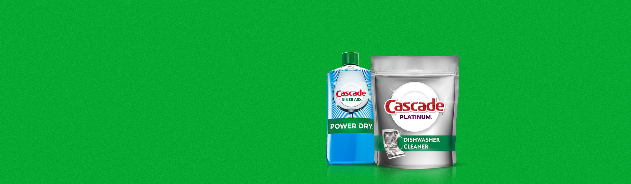 Cascade additives drying rinse agent and dishwasher cleaner horizontal banner