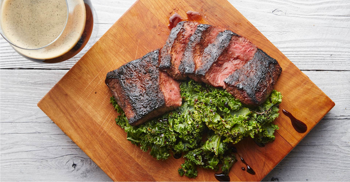 Blackened Flat Iron Steak with Charred Kale and Vanilla Porter