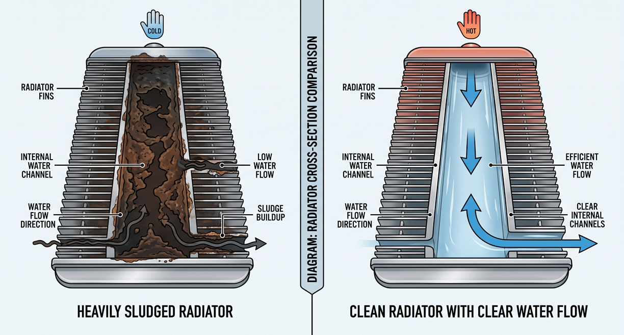 A split-screen diagram showing a heavily sludged radiator cross-section versus a clean radiator with clear water flow.