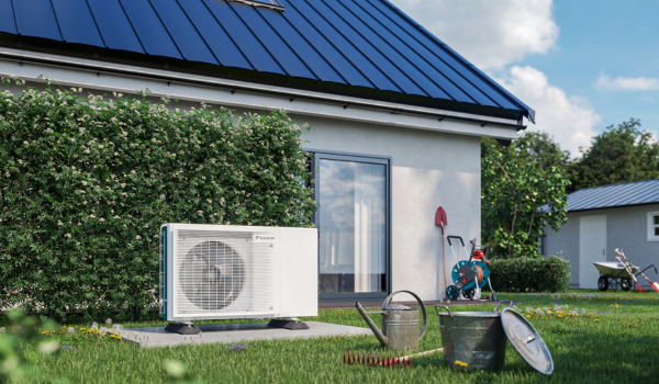 Daikin heat pump in a garden