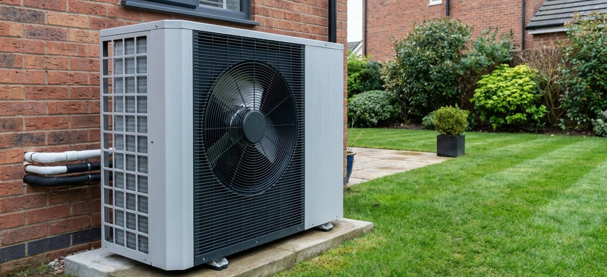 Air source heat pump installed outside a typical UK home showing professional installation