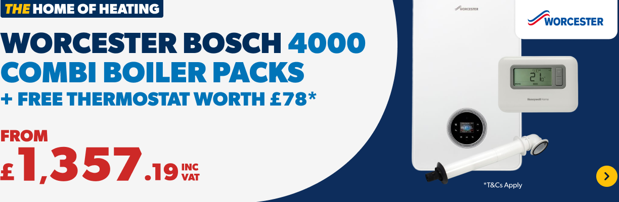 Worcester Bosch 4000 Combi Boiler Packs and Free Thermostat worth £78*. From £1357.19 inc VAT. T&C's Apply. Shop Now