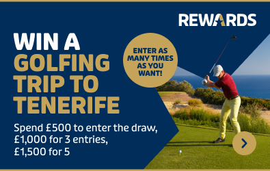 Win a Golf Trip to Tenerife. Spend £500 to enter the draw,£1000 for 3 entries, £1500 for 5. Find out more
