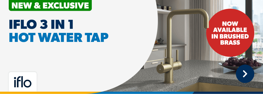 iflo 3 in 1 hot water tap. Now available in brushed brass. Shop Now