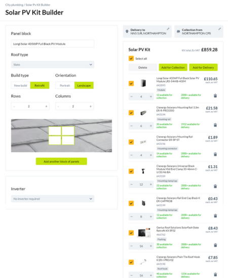 Screenshot of City Plumbing Solar PV Kit Builder