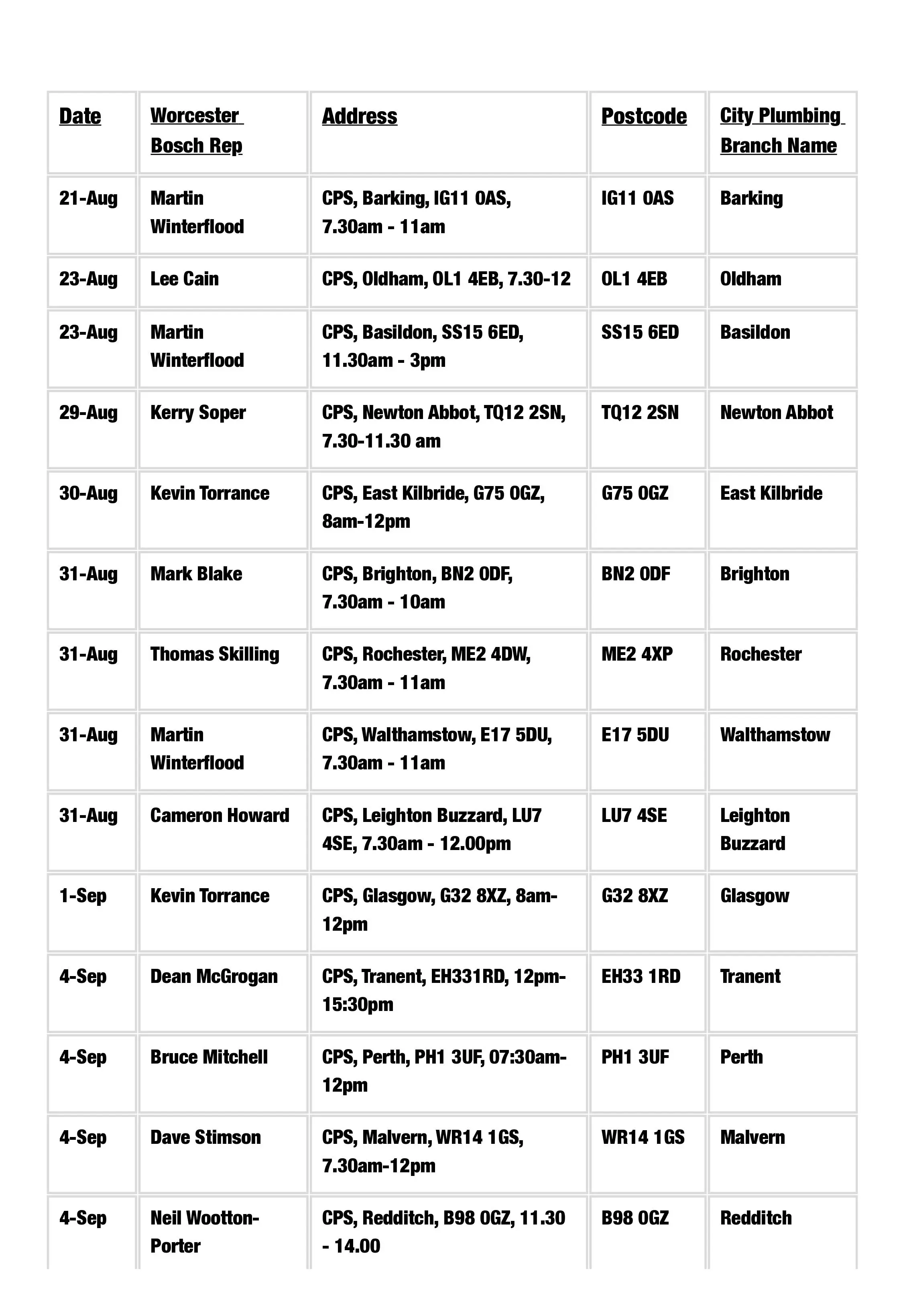 Worcester Bosch Trade Event Calendar 1