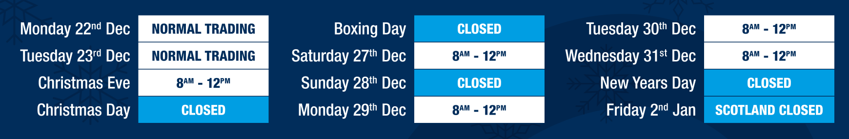 Christmas opening hours