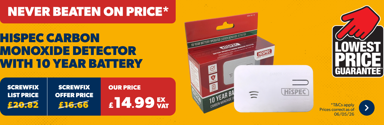 Never Beaten on Price - Hispec Carbon Monoxide Detector with 10 year battery only £14.99 Ex Vat