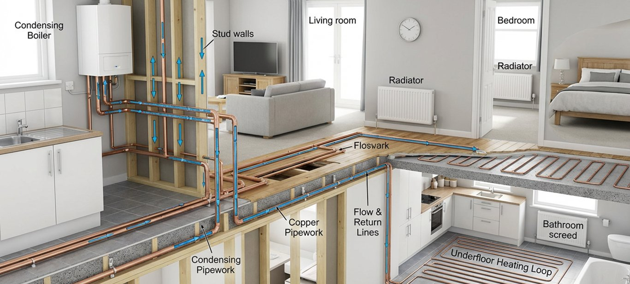 Technical cutaway illustration showing how central heating components connect and work together in a modern UK home