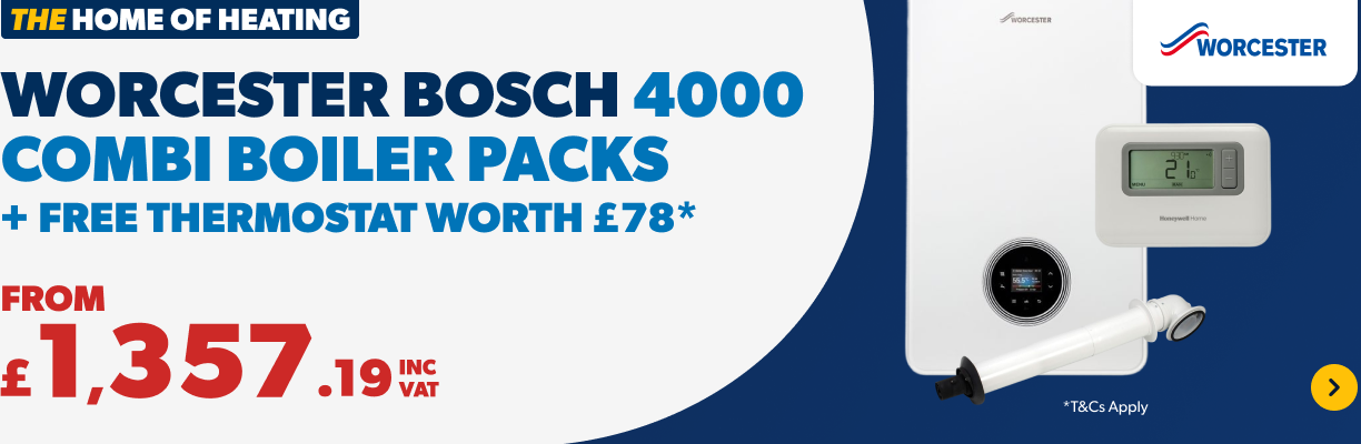 Worcester Bosch 4000 Combi Boiler Packs and Free Thermostat worth £78*. From £1357.19 inc VAT. T&C's Apply. Shop Now