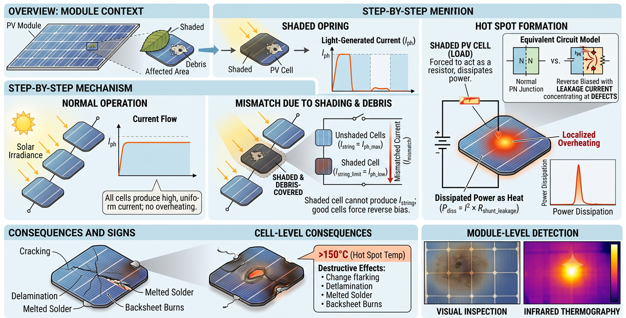 How shading and debris causes PV cell hot spots