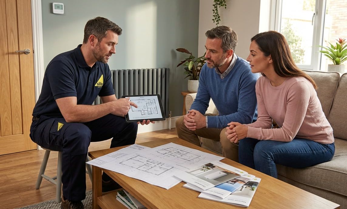 Professional heating engineer consulting with homeowners about the best heating system for their property