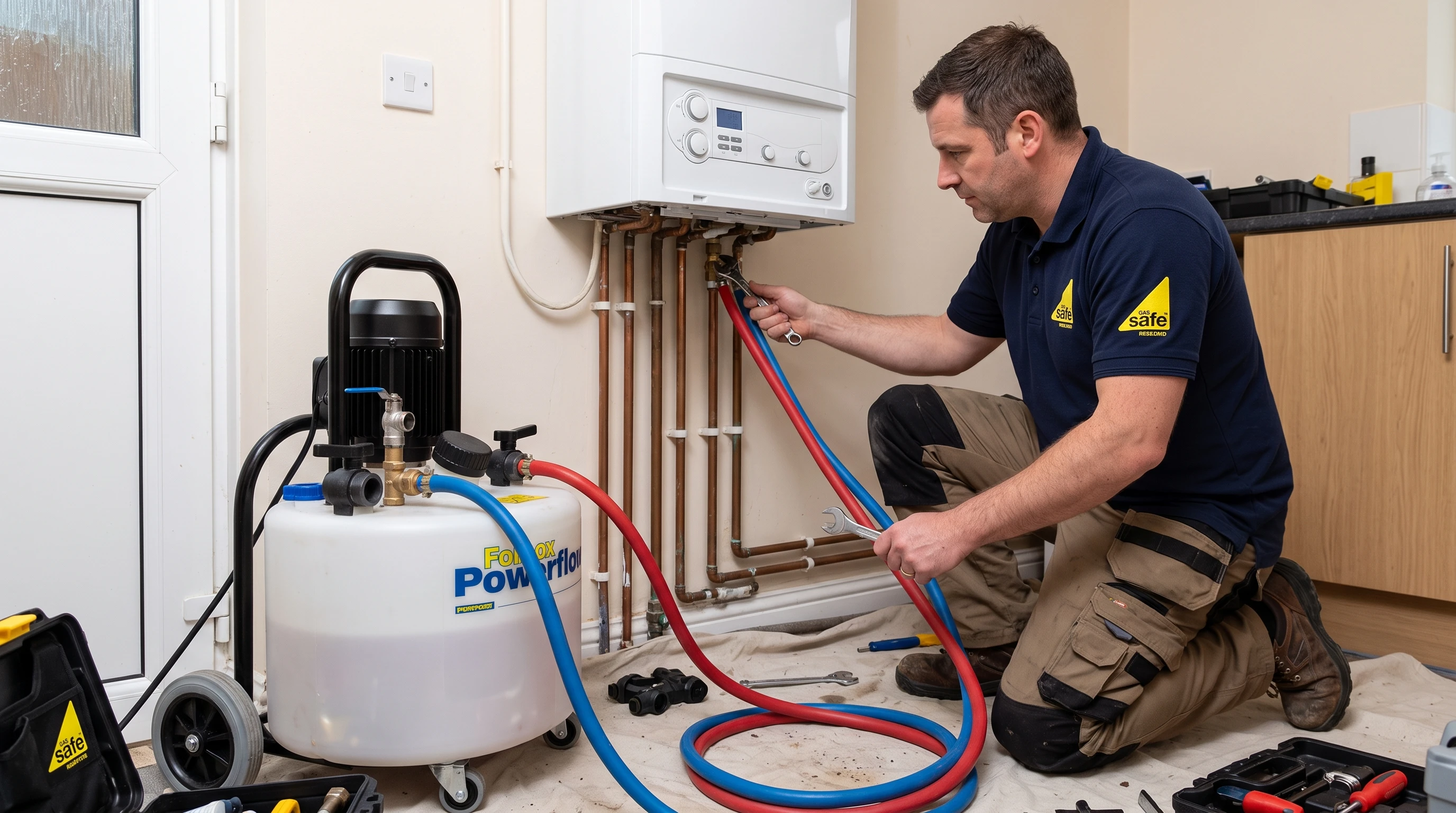 A Gas Safe registered heating engineer connecting a power flushing machine to a domestic boiler system