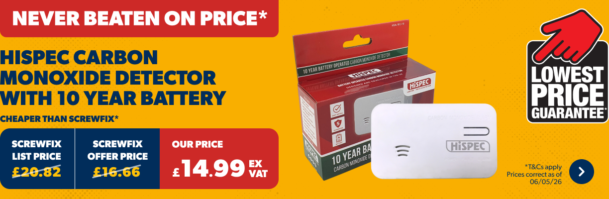 Never Beaten on Price - Hispec Carbon Monoxide Detector with 10 year battery only £14.99 Ex Vat