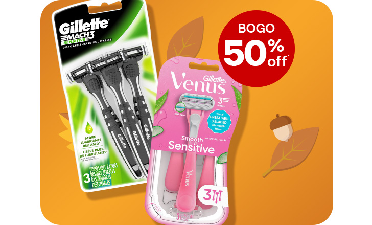 Buy 1, get 1 50% off. Gilette razors and Gillette Venus razors.