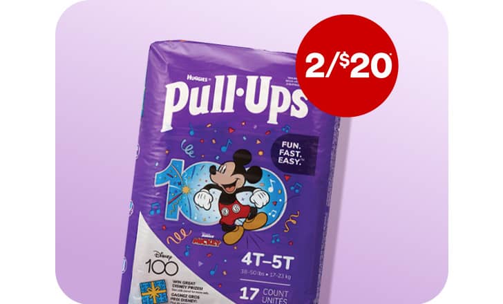 Two for $20, a package of Huggies Pull-Ups diapers.