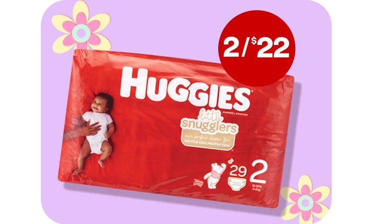 $2 for $22. Huggies Little Snugglers against a purple background with pastel-colored flowers