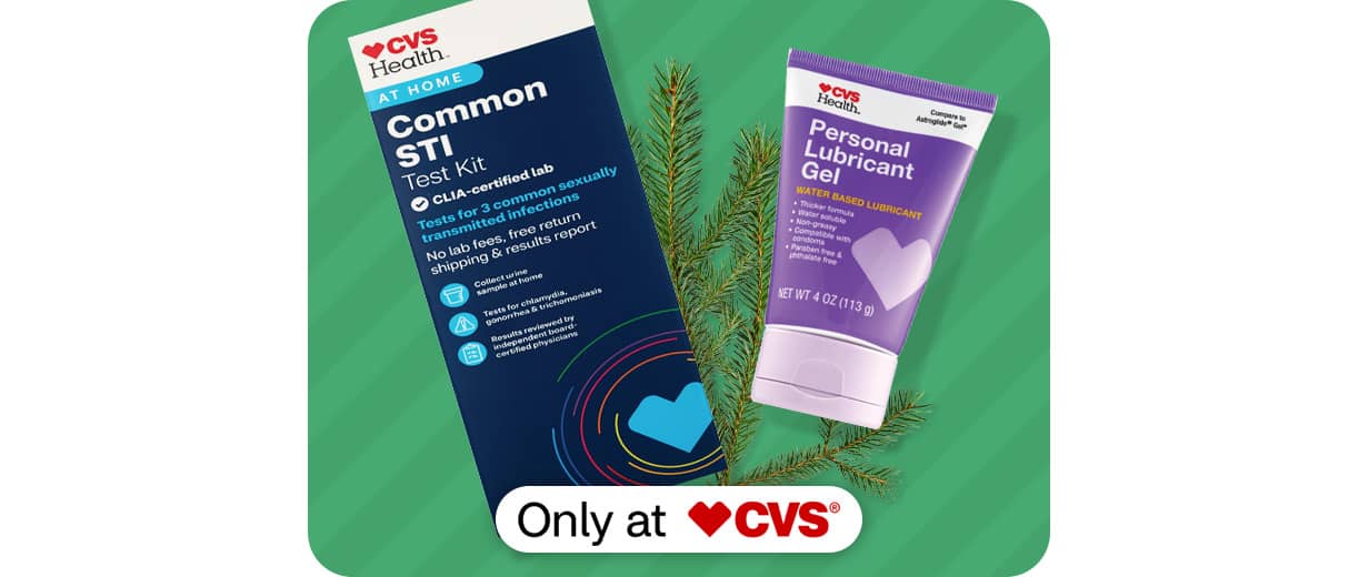 A box of CVS Health Common STI test kit and a tube of CVS Health Personal Lubricant Gel, only at CVS.