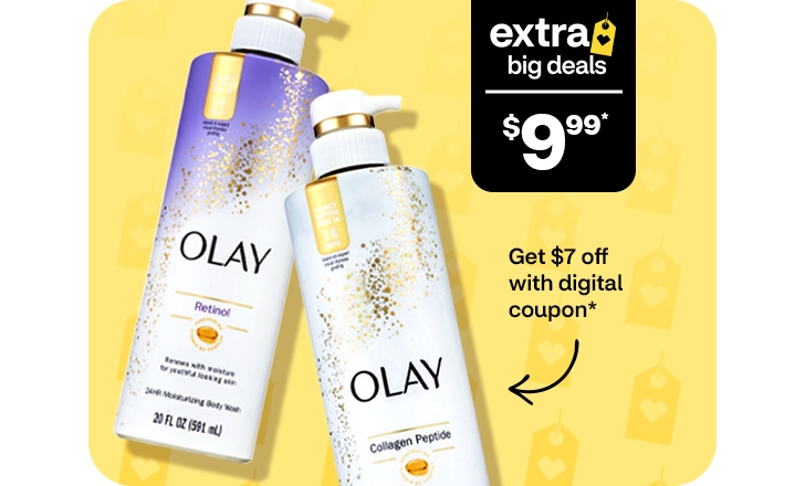 Extra Big Deals. $9.99. Pague $7 menos con un cupón digital. Olay Retinol moisturizing body wash and Olay Collagen Peptide.