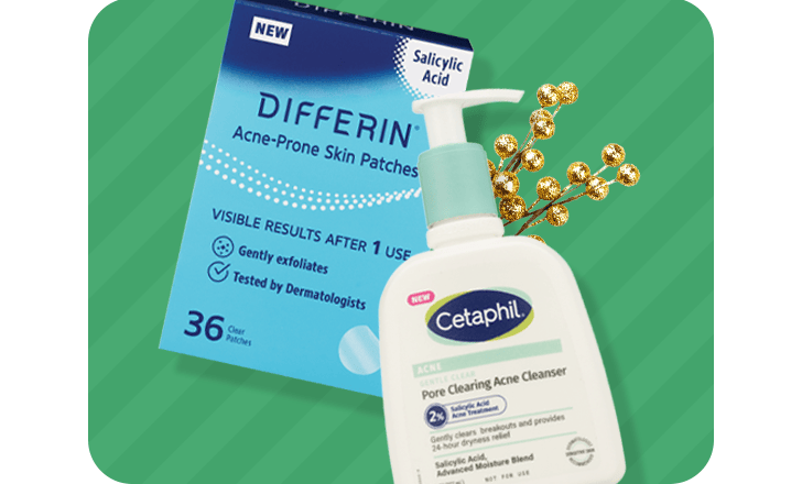 A box of Differin acne-prone skin patches and a pump bottle of Cetaphil pore cleaning acne cleanser.