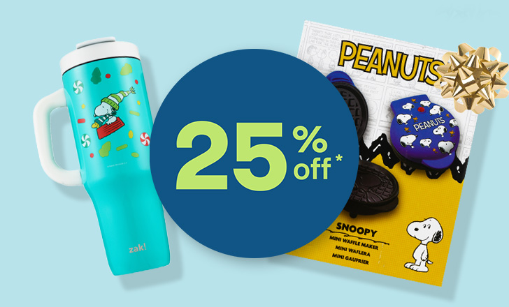 Twenty-five percent off,  Snoopy travel mug and a Peanuts mini waffle maker