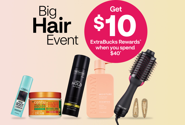 Get over $10 Extra Bucks Rewards when you spend $40. L’Oréal, Cantu, Tresemme, Monday, Revlon and Glamsquad hair products and accessories.