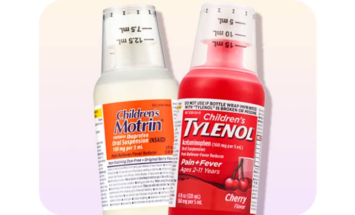 Bottles of Children's Motrin and Children's Tylenol liquid pain relief