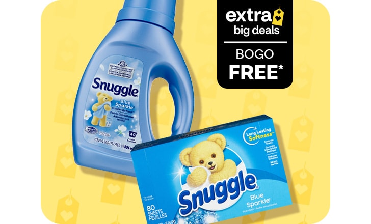 Buy 1, get 1 free. Extra Big Deals. Snuggle Blue Sparkle fabric softener and Snuggle laundry sheets.