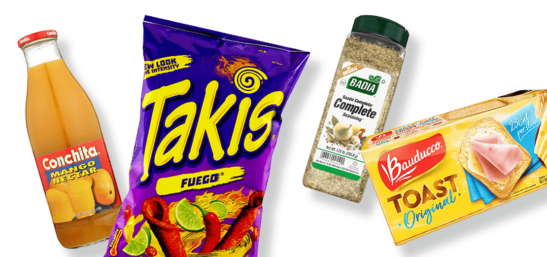 Conchita mango nectar, Takis chips, Badia Complete seasoning and Bauducco Toast Original