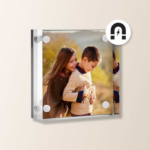 Magnet with two siblings hugging outside next to a magnet icon.